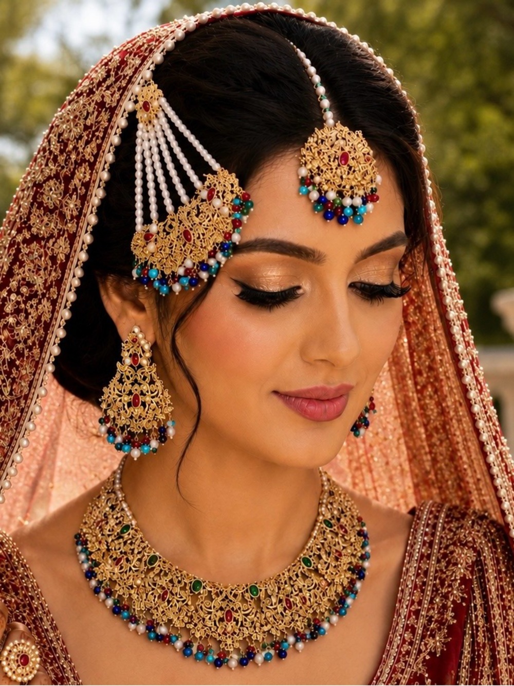 Indian Pakistani bridal jewelry set Gold-Tone Multicolor Beaded Necklace Set